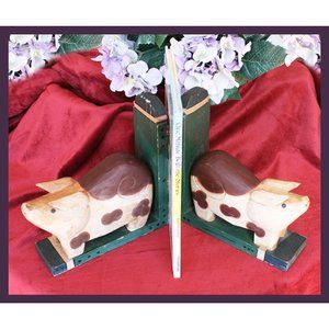 vintage hand-carved and painted wooden rustic pig bookends - Indonesia